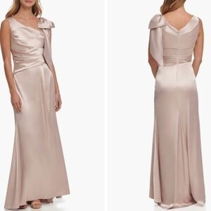 NWT Eliza J Rushed Sleeveless Satin Gown In Champagne Shoulder Bow wedding
